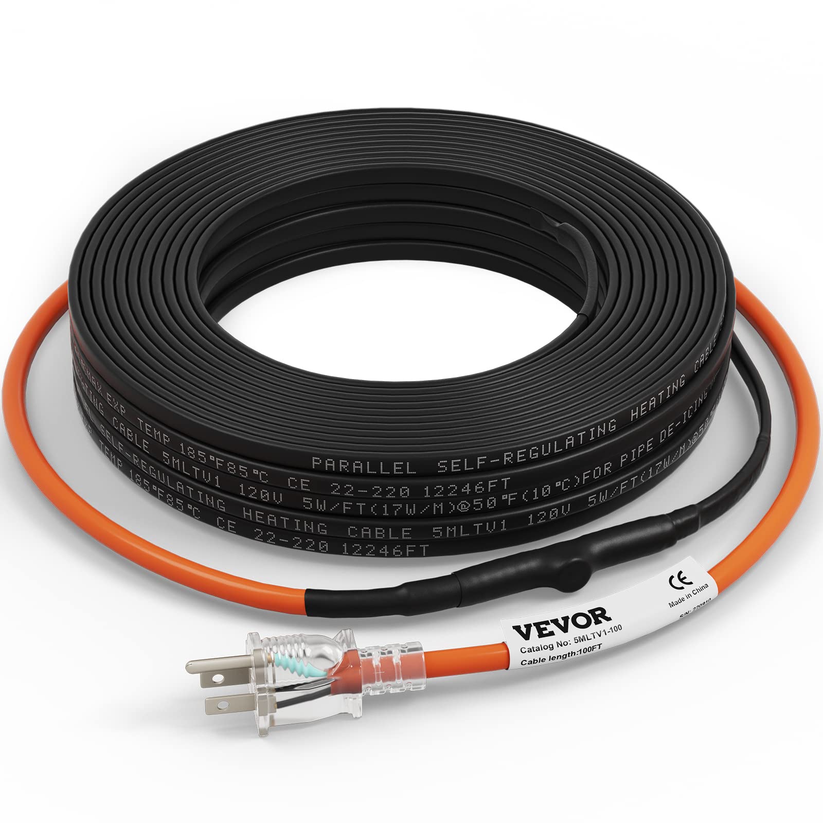 VEVOR Self-Regulating Pipe Heating Cable, 100-feet 5W/ft Heat Tape for Pipes Freeze Protection, Protects PVC Hose, Metal and Pla